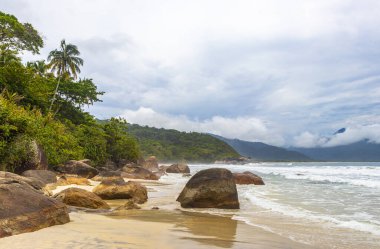Aventureiro Sahili tropikal manzara manzarası turkuaz su dalgaları palmiye ağaçları ve kayalar Ilha Grande Büyük Adası Angra dos Reis Rio de Janeiro Brezilya.
