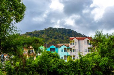 Panoramik manzara ve tropikal manzara dağları şehir silueti şehir ormanı ve doğa ile Patong Sahili 'nde mavi gökyüzü Kathu Phuket Adası Tayland, Güneydoğu Asya.