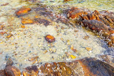 Rocky Kalim Sahili tropikal sahil kıyısı turkuvaz mavisi berrak su dalgaları kum kayaları kaya ve midye kabuklu kayalar Patong Sahili Kathu Phuket Adası Güney Tayland.