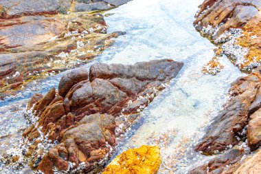 Rocky Kalim Sahili tropikal sahil kıyısı turkuvaz mavisi berrak su dalgaları kum kayaları kaya ve midye kabuklu kayalar Patong Sahili Kathu Phuket Adası Güney Tayland.