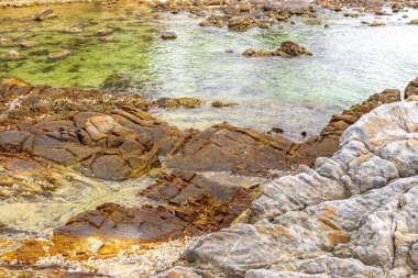 Rocky Kalim Sahili tropikal sahil kıyısı turkuvaz mavisi berrak su dalgaları kum kayaları ve kayalar Patong Sahili Kathu Bölgesi Phuket Adası Güney Tayland Bölgesi.