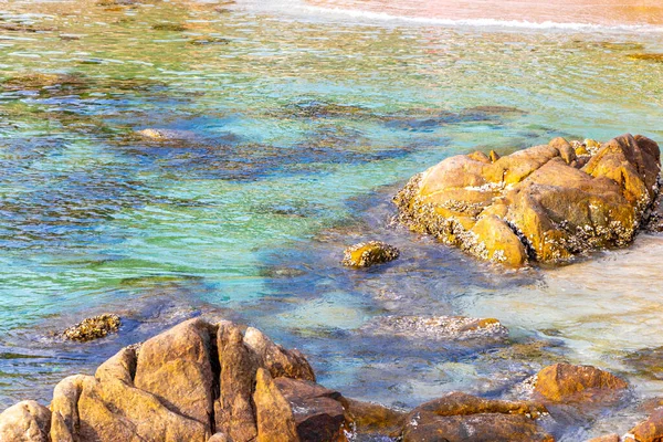 Rocky Kalim Sahili tropikal sahil kıyısı turkuvaz mavisi berrak su dalgaları kum kayaları kaya ve midye kabuklu kayalar Patong Sahili Kathu Phuket Adası Güney Tayland.