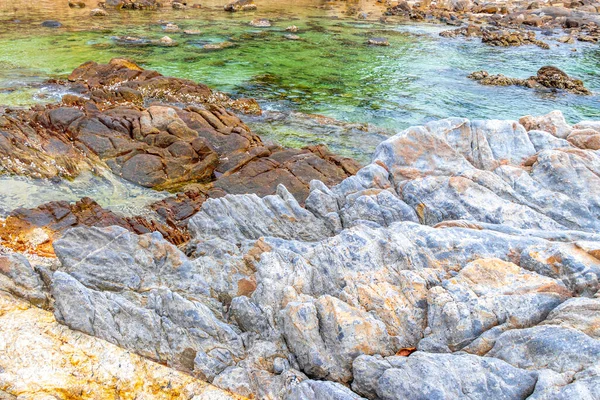 Rocky Kalim Sahili tropikal sahil kıyısı turkuvaz mavisi berrak su dalgaları kum kayaları kaya ve midye kabuklu kayalar Patong Sahili Kathu Phuket Adası Güney Tayland.