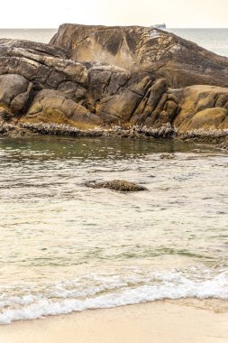 Rocky Kalim Sahili tropikal sahil kıyısı turkuvaz mavisi berrak su dalgaları kum kayaları kaya ve midye kabuklu kayalar Patong Sahili Kathu Phuket Adası Güney Tayland.