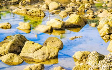 Rocky Kalim Sahili tropikal sahil kıyısı turkuvaz mavisi berrak su dalgaları kum kayaları ve kayalar Patong Sahili Kathu Bölgesi Phuket Adası Güney Tayland Bölgesi.