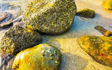 Rocky Kalim Sahili tropikal sahil kıyısı turkuvaz mavisi berrak su dalgaları kum kayaları ve kayalar Patong Sahili Kathu Bölgesi Phuket Adası Güney Tayland Bölgesi.