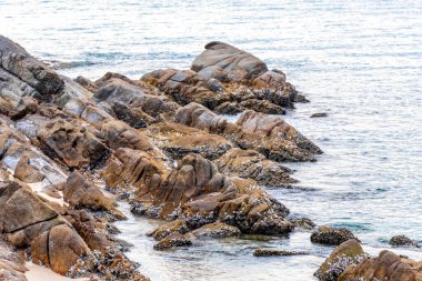 Rocky Kalim Sahili tropikal sahil kıyısı turkuvaz mavisi berrak su dalgaları kum kayaları ve kayalar Patong Sahili Kathu Bölgesi Phuket Adası Güney Tayland Bölgesi.