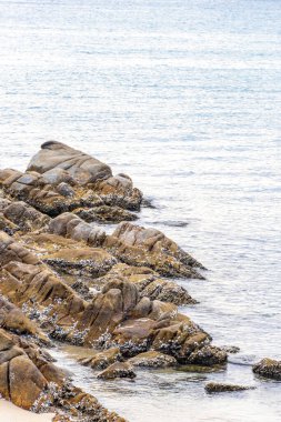 Rocky Kalim Sahili tropikal sahil kıyısı turkuvaz mavisi berrak su dalgaları kum kayaları ve kayalar Patong Sahili Kathu Bölgesi Phuket Adası Güney Tayland Bölgesi.