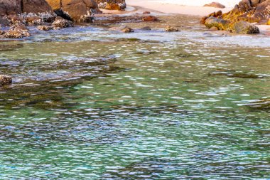 Rocky Kalim Sahili tropikal sahil kıyısı turkuvaz mavisi berrak su dalgaları kum kayaları ve kayalar Patong Sahili Kathu Bölgesi Phuket Adası Güney Tayland Bölgesi.