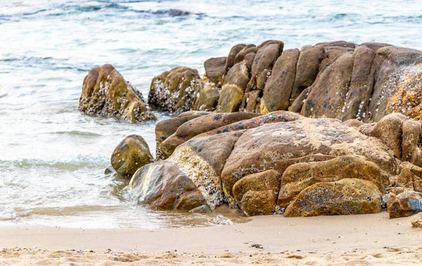Rocky Kalim Sahili tropikal sahil kıyısı turkuvaz mavisi berrak su dalgaları kum kayaları kaya ve midye kabuklu kayalar Patong Sahili Kathu Phuket Adası Güney Tayland.