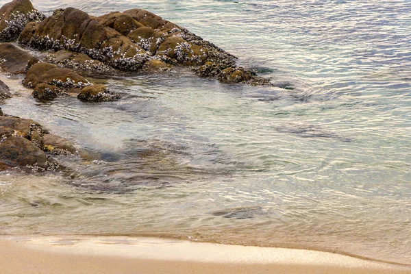 Rocky Kalim Sahili tropikal sahil kıyısı turkuvaz mavisi berrak su dalgaları kum kayaları kaya ve midye kabuklu kayalar Patong Sahili Kathu Phuket Adası Güney Tayland.