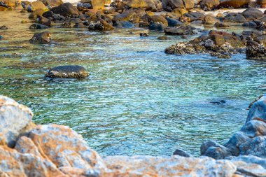 Rocky Kalim Sahili tropikal sahil kıyısı turkuvaz mavisi berrak su dalgaları kum kayaları ve kayalar Patong Sahili Kathu Bölgesi Phuket Adası Güney Tayland Bölgesi.