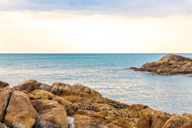 Rocky Kalim Sahili tropikal sahil kıyısı turkuvaz mavisi berrak su dalgaları kum kayaları ve kayalar Patong Sahili Kathu Bölgesi Phuket Adası Güney Tayland Bölgesi.