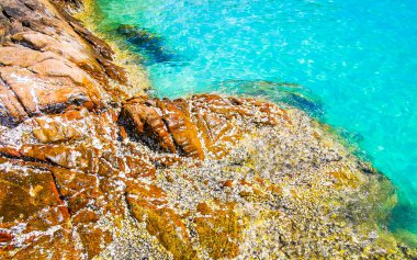 Kalim Sahili tropikal kayalık sahil kıyısı turkuvaz mavisi berrak su dalgaları kum kayaları kaya ve midye kabuklu kayalar Patong Sahili Kathu Phuket Adası Güney Tayland.