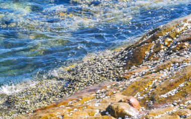 Kalim Sahili tropikal kayalık sahil kıyısı turkuvaz mavisi berrak su dalgaları kum kayaları kaya ve midye kabuklu kayalar Patong Sahili Kathu Phuket Adası Güney Tayland.