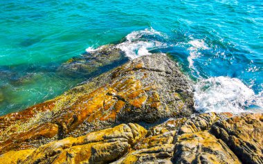 Kalim Sahili tropikal kayalık sahil kıyısı turkuvaz mavisi berrak su dalgaları kum kayaları kaya ve midye kabuklu kayalar Patong Sahili Kathu Phuket Adası Güney Tayland.
