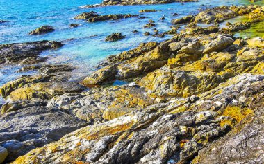 Kalim Sahili kayalık tropikal sahil kıyısı turkuvaz mavisi berrak su dalgaları kum kayaları ve kayalar Patong Sahili Kathu Bölgesi Phuket Adası Güney Tayland Bölgesi.