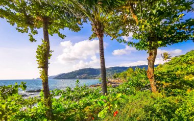 Tropikal Kalim Sahili kayalık sahil kıyısı turkuvaz mavisi berrak su dalgaları kum kayaları ve palmiye ağaçlarının arkasındaki kayalar Patong Sahili Kathu Phuket Adası Tayland.