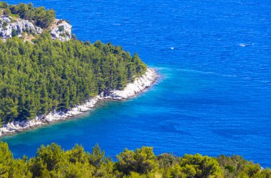 Sahil sahili turkuvaz mavi su dalgaları adaları dağ tepeleri kayalıklar ve Dubrovnik Neretva İlçesi Dalmaçya Bölgesi Hırvatistan 'da Akdeniz doğa bitkileri panoraması.