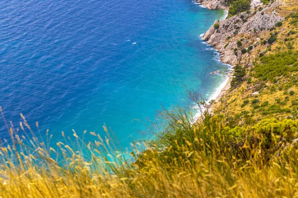 Sahil sahili turkuvaz mavi su dalgaları adaları dağ tepeleri kayalıklar ve Dubrovnik Neretva İlçesi Dalmaçya Bölgesi Hırvatistan 'da Akdeniz doğa bitkileri panoraması.