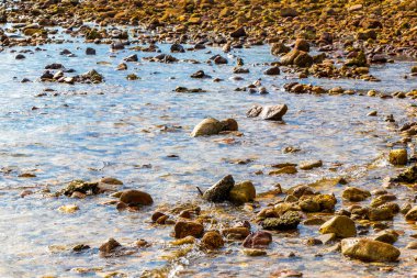 Kalim Sahili kayalık tropikal sahil kıyısı turkuvaz mavisi açık deniz dalgaları kum taşları kaya ve kayalar Patong Sahili Kathu Bölgesi Phuket Adası Güney Tayland.