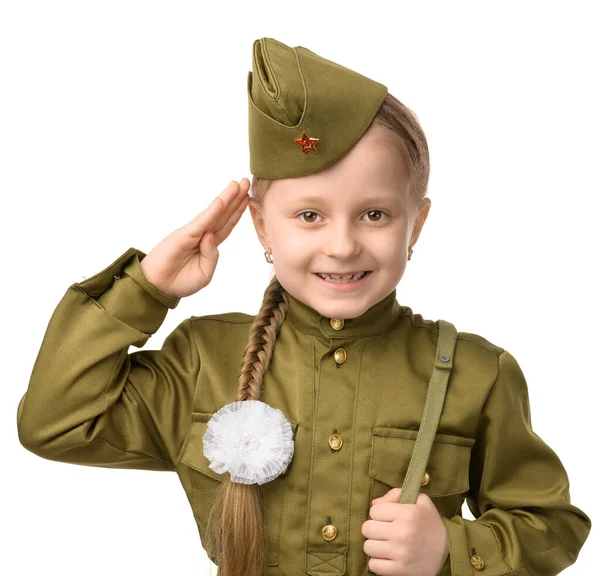 Little Girl Long Pigtail White Bow Soviet Military Uniform Smiles — Stock Photo, Image