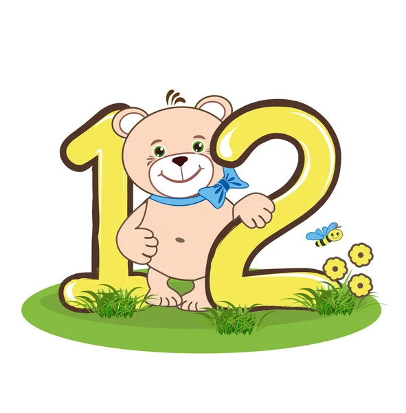 The number twelve and cheerful bear — Stock Vector