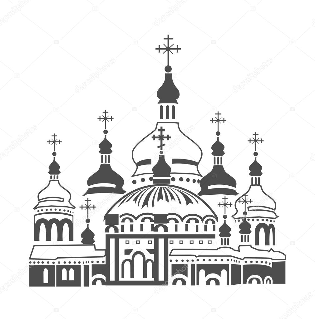 Orthodox cathedral icon. Kiev-Pechersk Lavra. Vector illustration in vintage style.
