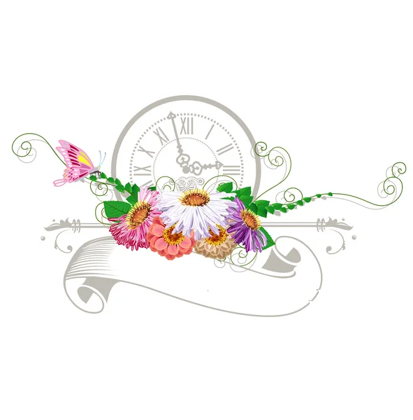 Ruban vintage avec fleurs et horloge — Image vectorielle