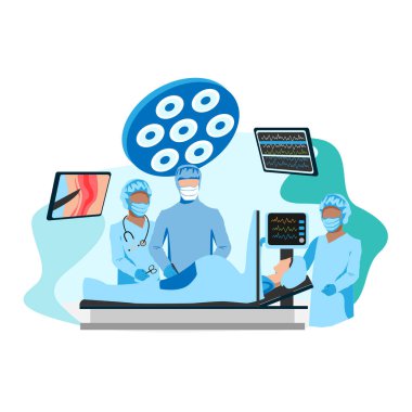 Doktor ve hemşireler epidural anestezi altında sezaryen yapıyorlar. Ameliyat mı? Kadın doğum ve jinekoloji. Doktorlar ve hemşireler sağ olsun. Bir çocuğun doğumu. Vektör şablonu illüstrasyonu.