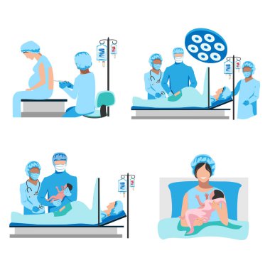 Doktor ve hemşireler epidural anestezi altında sezaryen yapıyorlar. Ameliyat mı? Kadın doğum ve jinekoloji. Doktorlar ve hemşireler sağ olsun. Bir çocuğun doğumu. Beyaz arkaplanda izole edilmiş vektör çizimleri kümesi.