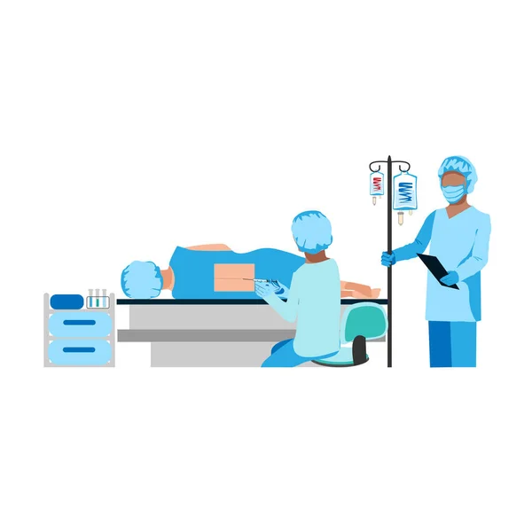 Doktor ve hemşire ameliyathanede epidural anestezi yapıyor. Ameliyat mı? Kadın doğum ve jinekoloji. Doktorlar ve hemşireler sağ olsun. Beyaz arkaplanda vektör illüstrasyonları.