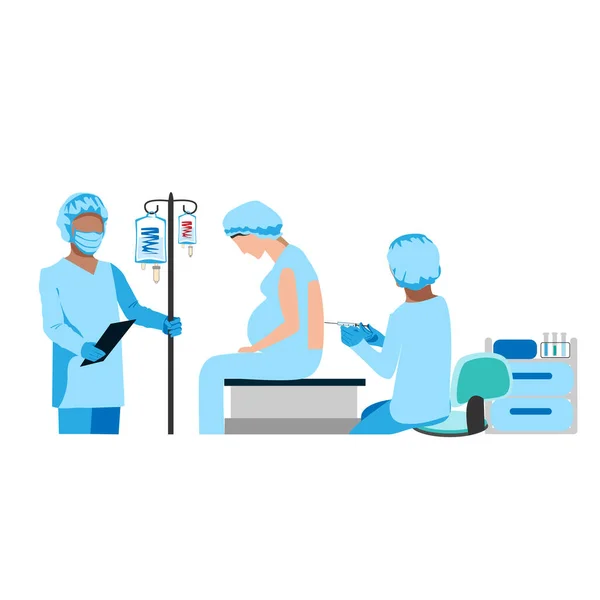 医生和护士在手术室里做硬膜外注射 产科和妇科 多亏了医生和护士白色背景上的矢量插图 — 图库矢量图片