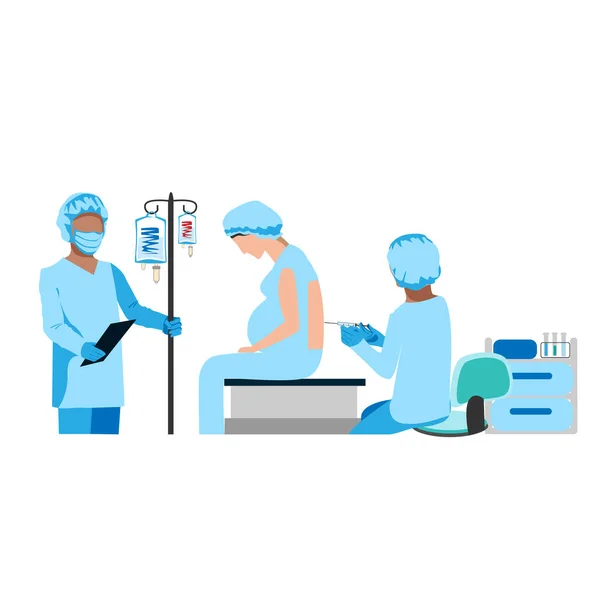 Doktor ve hemşire ameliyathanede epidural anestezi yapıyor. Ameliyat mı? Kadın doğum ve jinekoloji. Doktorlar ve hemşireler sağ olsun. Beyaz arkaplanda vektör illüstrasyonları.