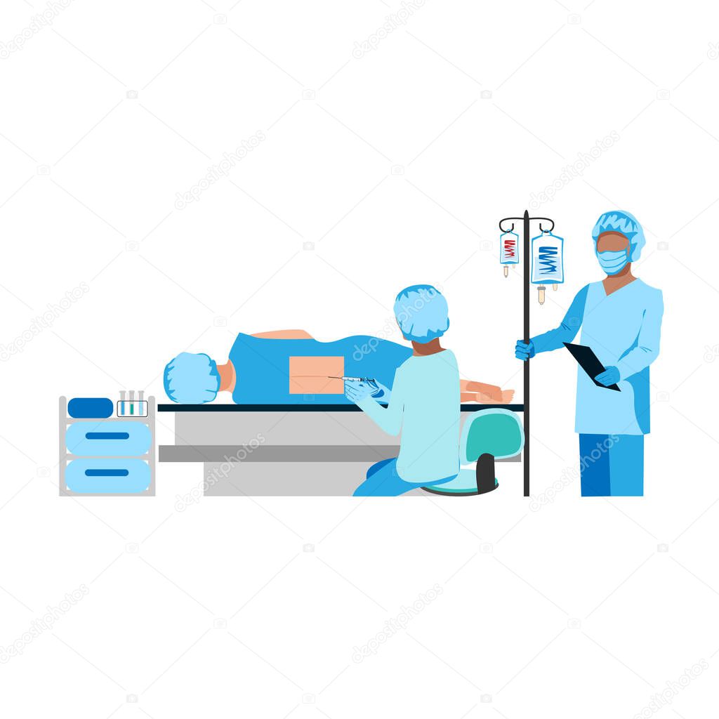 The doctor and nurse give an epidural in the operating room. Surgery. Obstetrics and gynecology. Thanks to the doctors and nurses. Vector illustrations on a white background.
