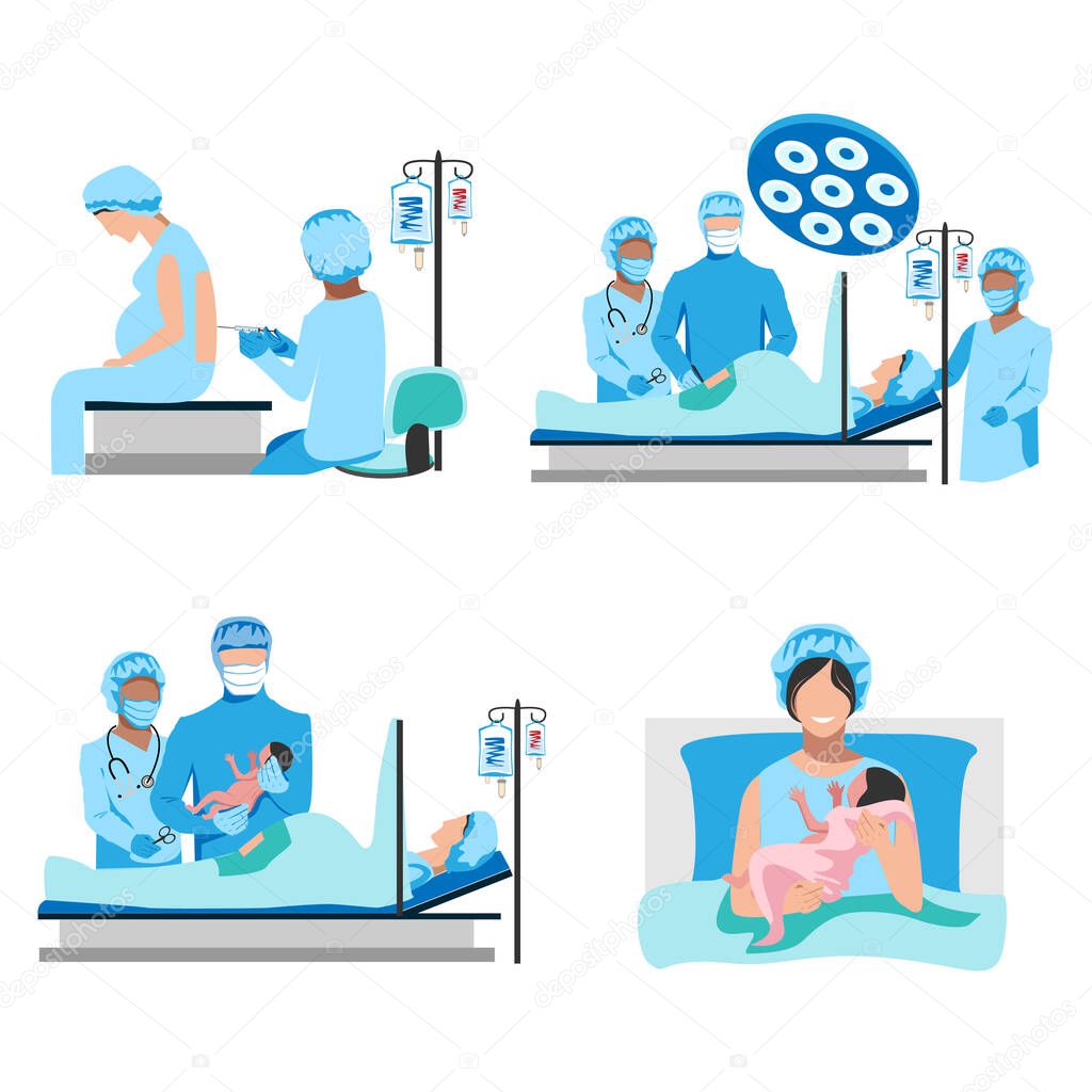 The doctor and nurses perform a caesarean section under epidural anesthesia. Surgery. Obstetrics and gynecology. Thanks to the doctors and nurses. Birth of a child. Set of vector illustrations isolated on white background.