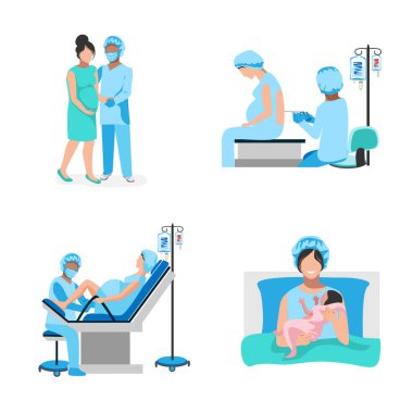 Hamile bir kadın hastanede bir bebek doğuruyor. Epidural anestezi. Doktorlar ve hemşireler sağ olsun. Vektör illüstrasyonunu beyaz arkaplanda izole et.