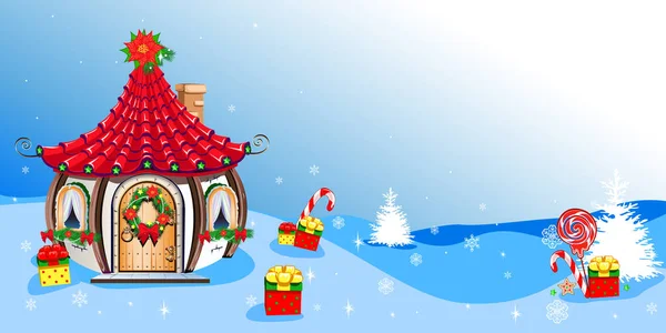 Fondo Navidad Con Casa Papá Noel Regalos Dulces Feliz Navidad — Archivo Imágenes Vectoriales