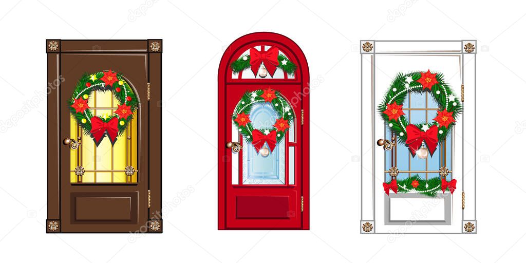 The door is decorated for Christmas with a wreath of Christmas tree branches, balls, beads and red bows. Merry Christmas. Vector illustration.