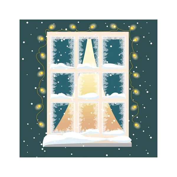 Ventana Navidad Noche Decorada Con Gerland Llamas Feliz Navidad Feliz — Archivo Imágenes Vectoriales