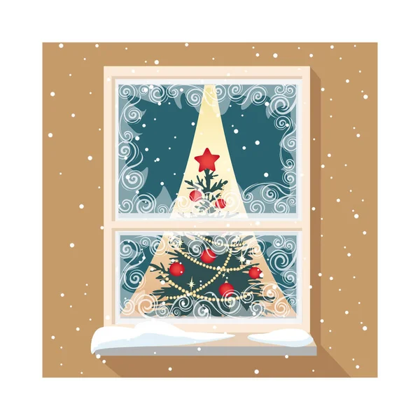 Ventana Navidad Por Tarde Con Árbol Navidad Decorado Con Bolas — Vector de stock