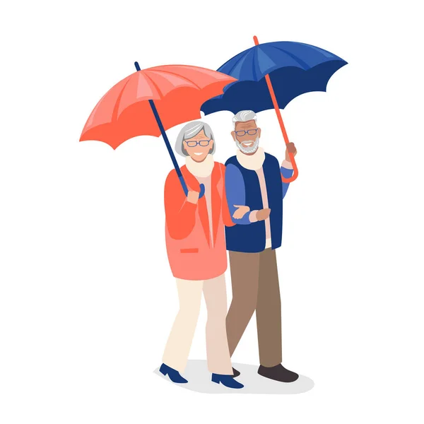 Couple Âgé Marche Sous Les Parasols Les Personnes Âgées Mènent — Image vectorielle