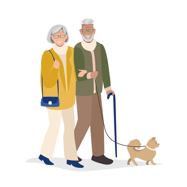 Elderly Couple Went Walk Dog Sports Recreation Flat Vector Illustration — Stock Vector
