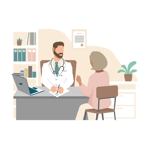 Ασθενής Και Γιατρός Μιλάνε Στο Γραφείο Υγεία Και Ιατρική Επίπεδη — Διανυσματικό Αρχείο