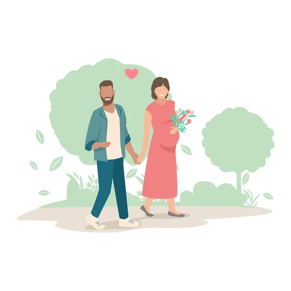 Young Married Couple Walks Park Husband Walks His Pregnant Wife — Stock Vector