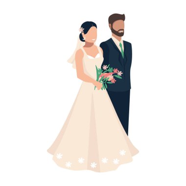 Mutlu gelin ve damat evleniyor. Gelinlik giymiş sevgili erkek ve kadının düz vektör çizimi. Sonsuza dek birlikte. Beyaz arkaplan üzerinde izole edilmiş.