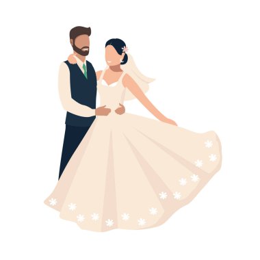 Mutlu gelin ve damat evleniyor. Gelinlik giymiş sevgili erkek ve kadının düz vektör çizimi. Sonsuza dek birlikte. Beyaz arkaplan üzerinde izole edilmiş.