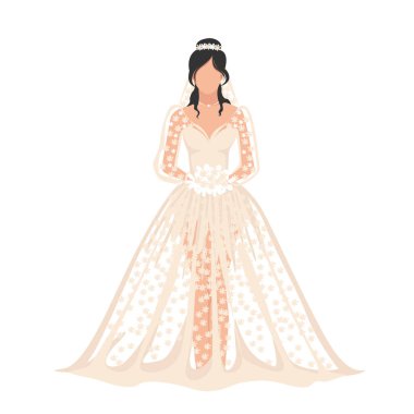 Elinde düğün buketi olan şeffaf dantelli gelinlik içinde güzel bir gelin. Düz düğün vektörü çizimi beyaz arkaplanda izole edildi.