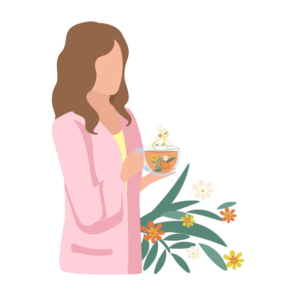 Κορίτσι Πίνει Τσάι Βότανα Για Την Υγεία Εναλλακτική Ιατρική Και — Διανυσματικό Αρχείο