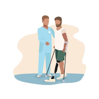 Doktor bir adamın protezde yürümesini öğrenmesine yardım eder. Bir adam bacak ampütasyonundan sonra rehabilitasyona giriyor. Arkaplan vektör illüstrasyonu.